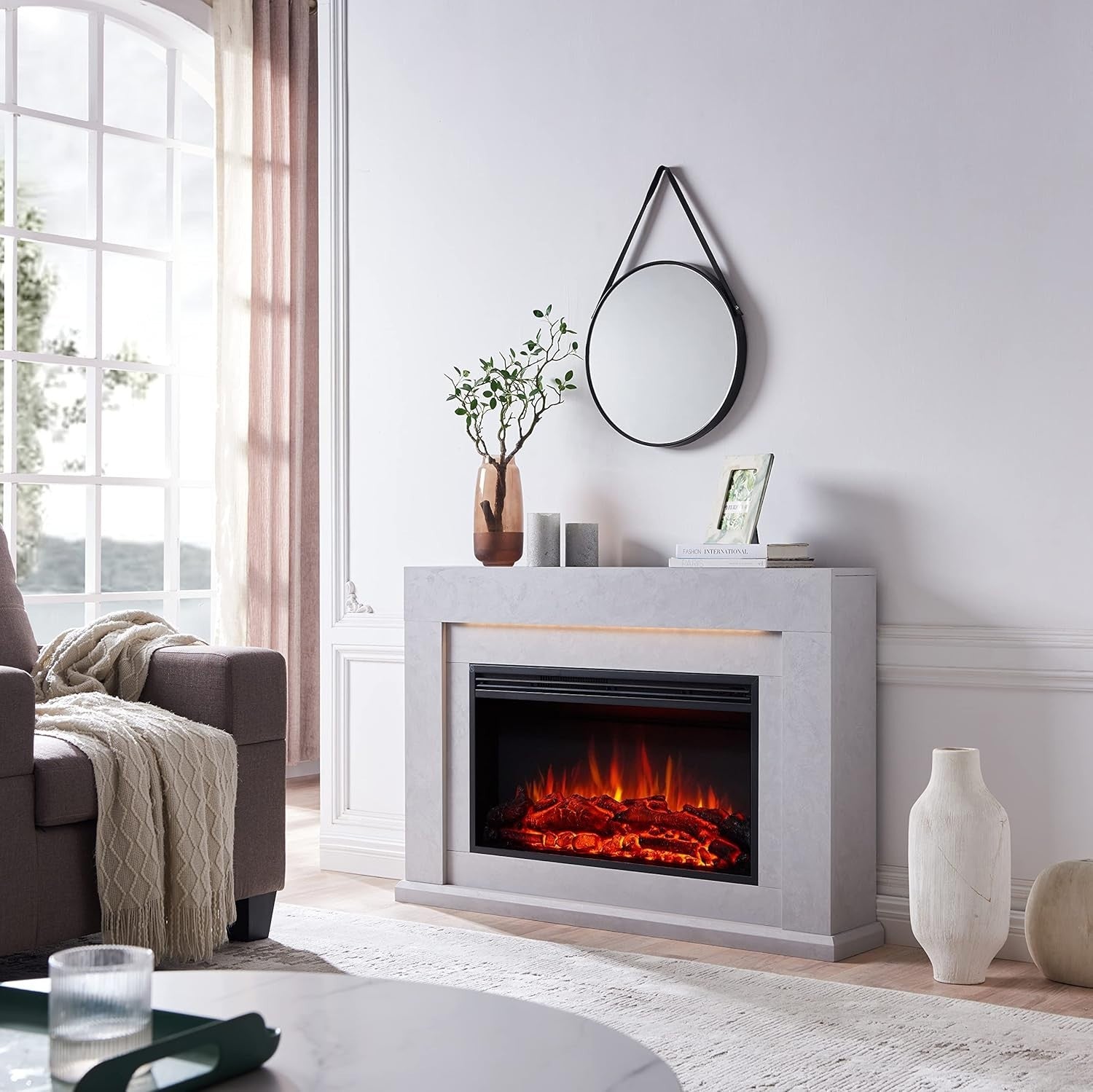 47" Electric Fireplace Heater Cement Grey Surround, Remote & LED Flames