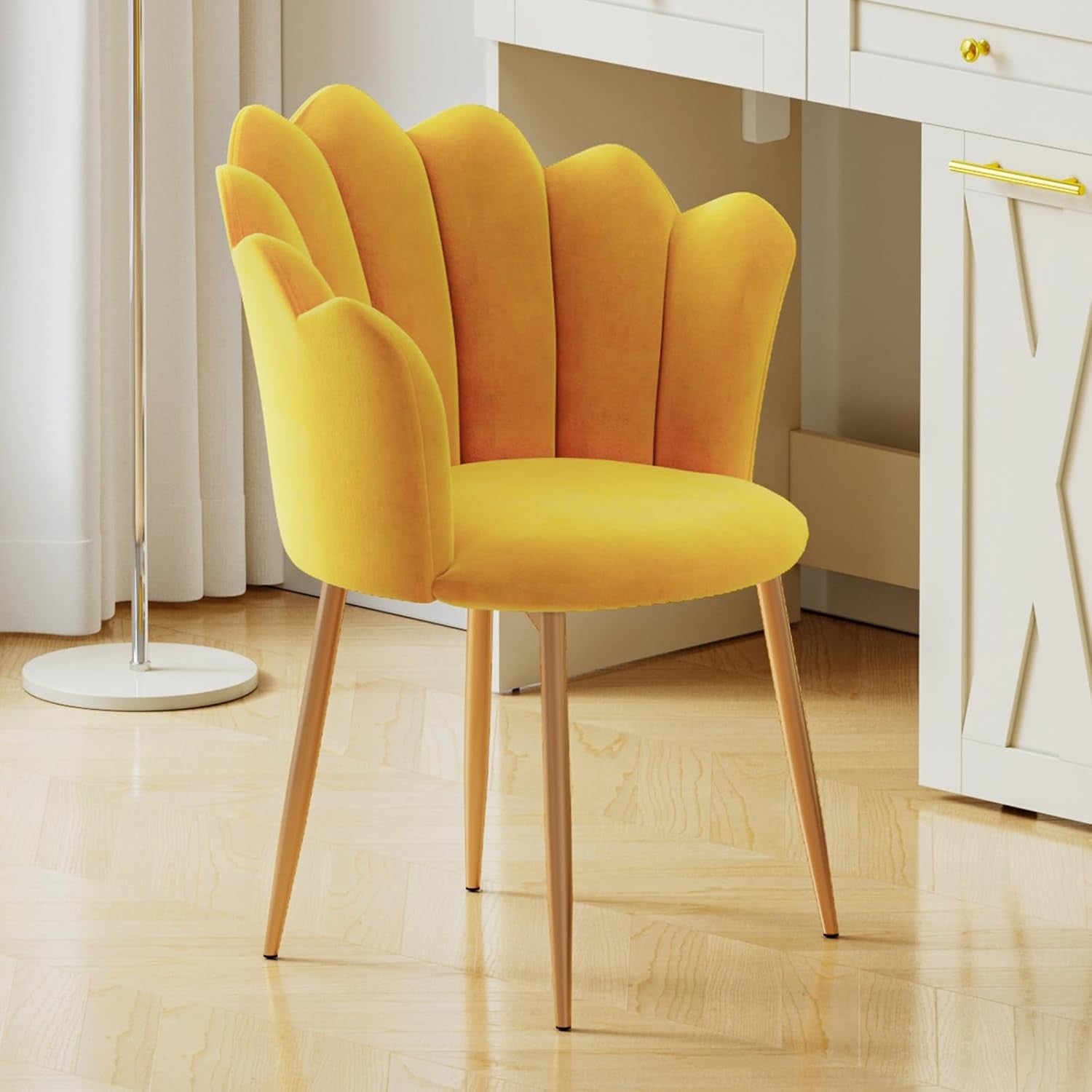 Velvet Vanity Chair Shell Back Gold Metal Legs Yellow