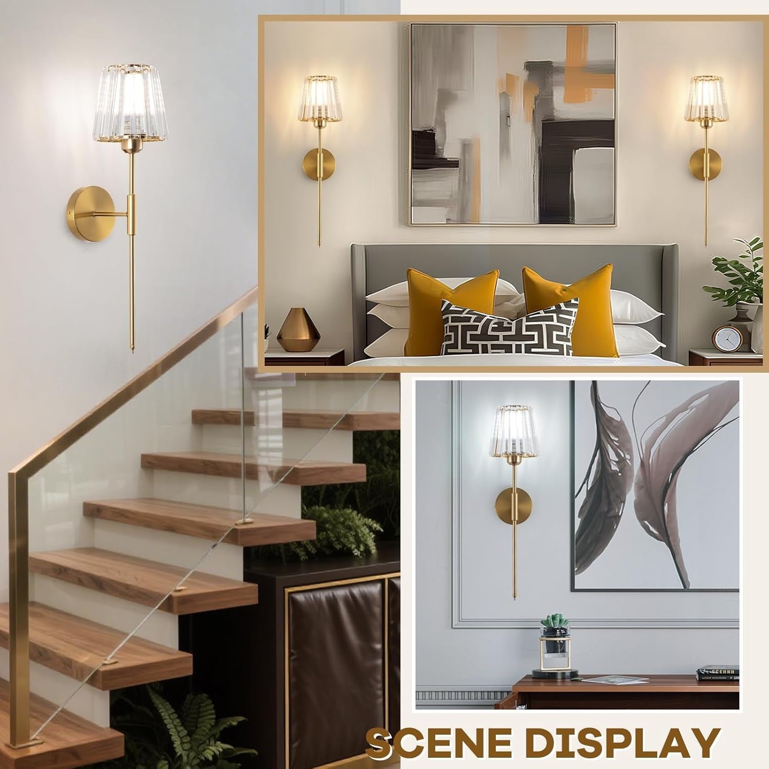 Gold Crystal Wall Sconces Set of 2 Battery Powered RGB Lights with Remote