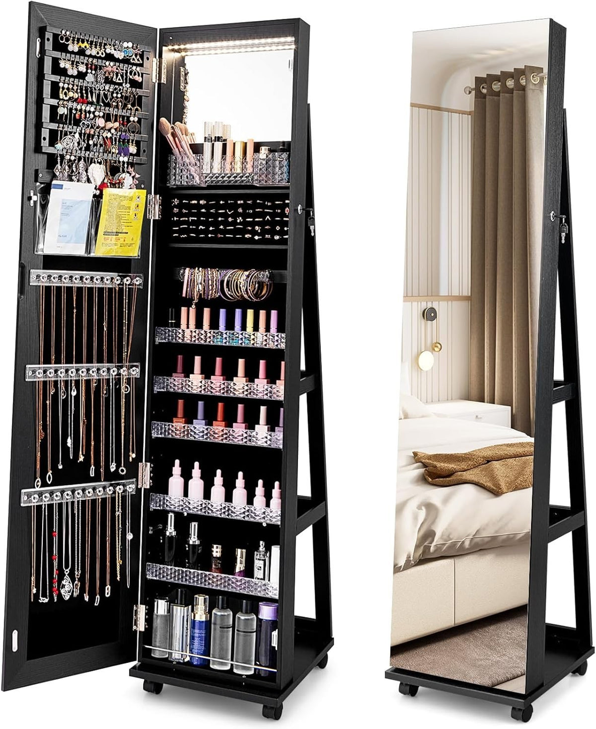 360° Swivel Jewelry Armoire LED Mirror Lockable Storage on Wheels Black