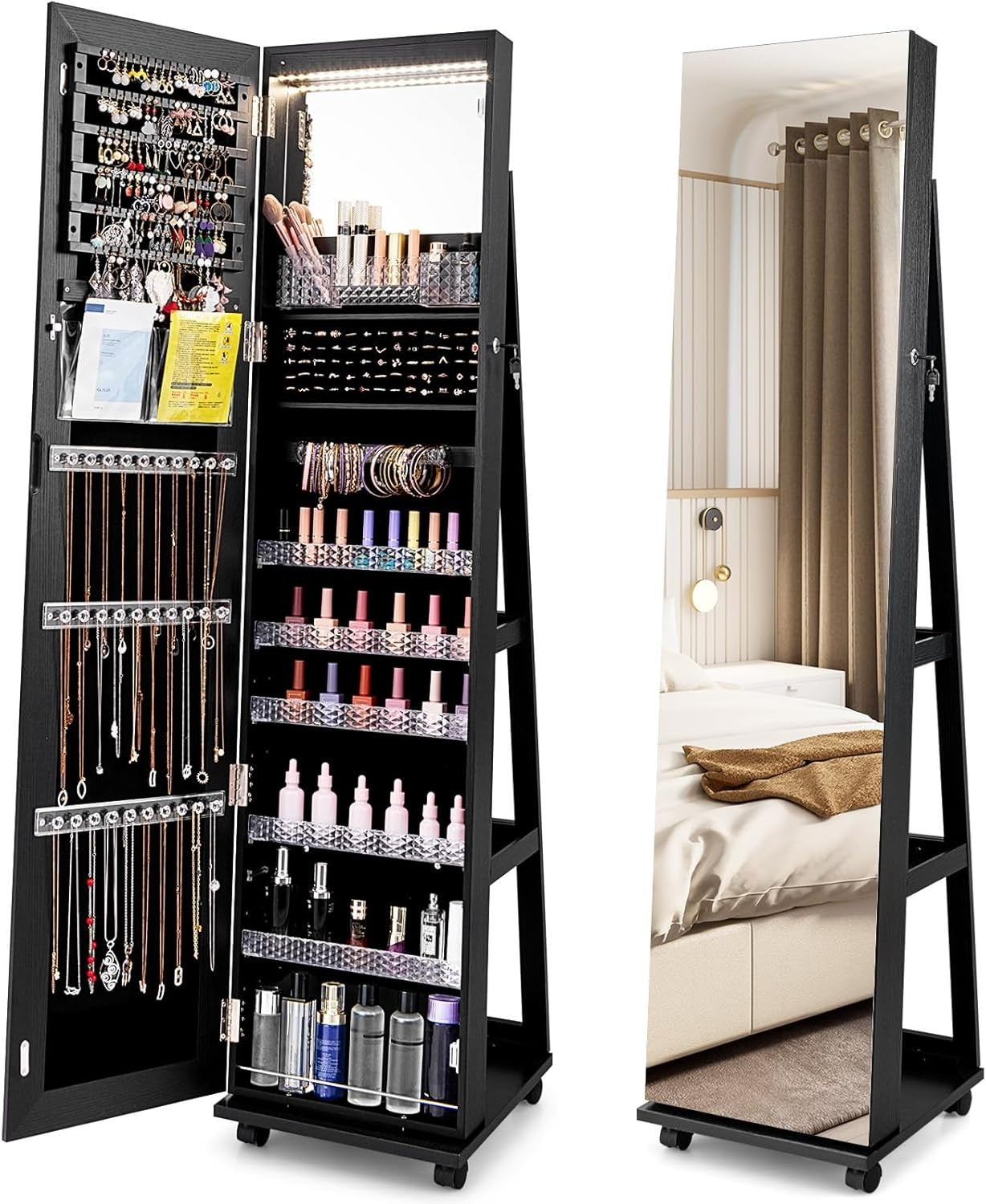 360° Swivel Jewelry Armoire LED Mirror Lockable Storage on Wheels Black