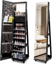 360° Swivel Jewelry Armoire LED Mirror Lockable Storage on Wheels Black