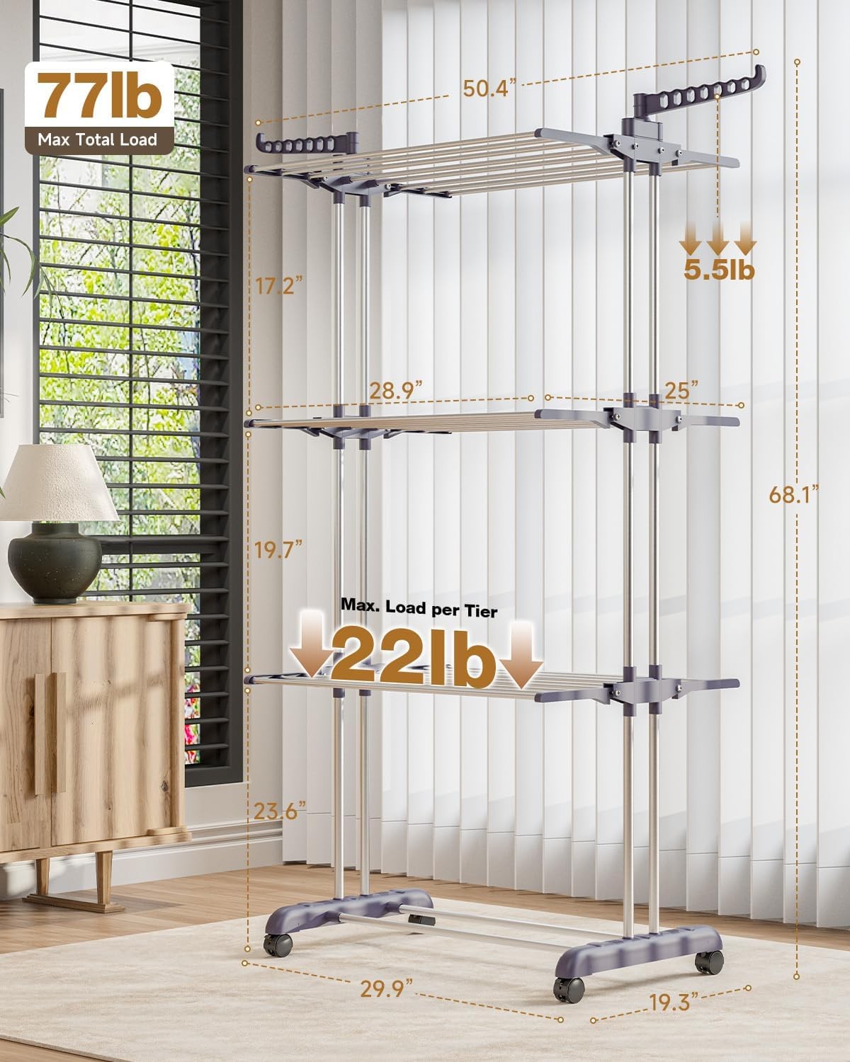 4 Tier Clothes Airer Folding Drying Rack With Wheels Stainless Steel