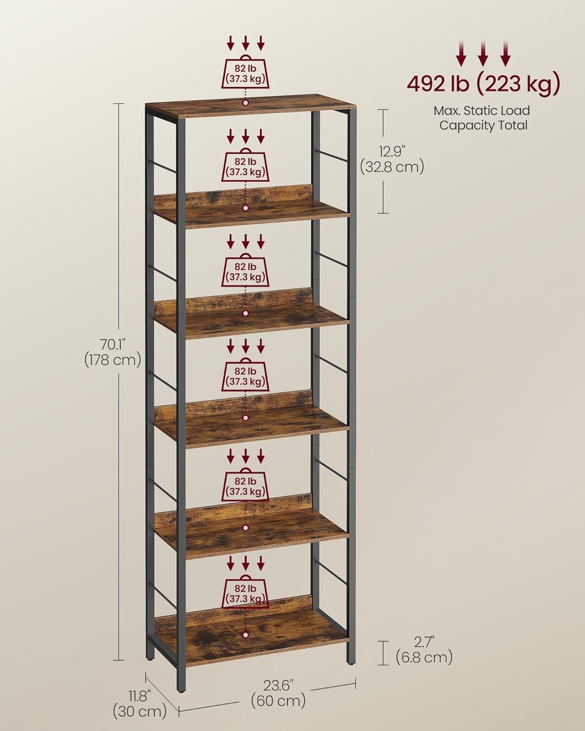 6-Tier Industrial Bookshelf Unit | Tall Rustic Storage Shelving for Home Office