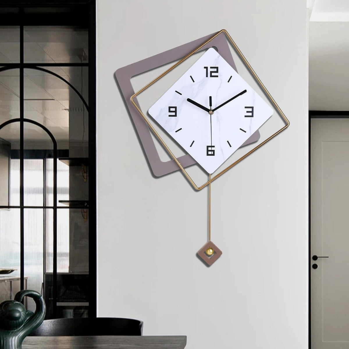 Modern Silent Wall Clock with Pendulum Large Quartz Battery Operated Decor