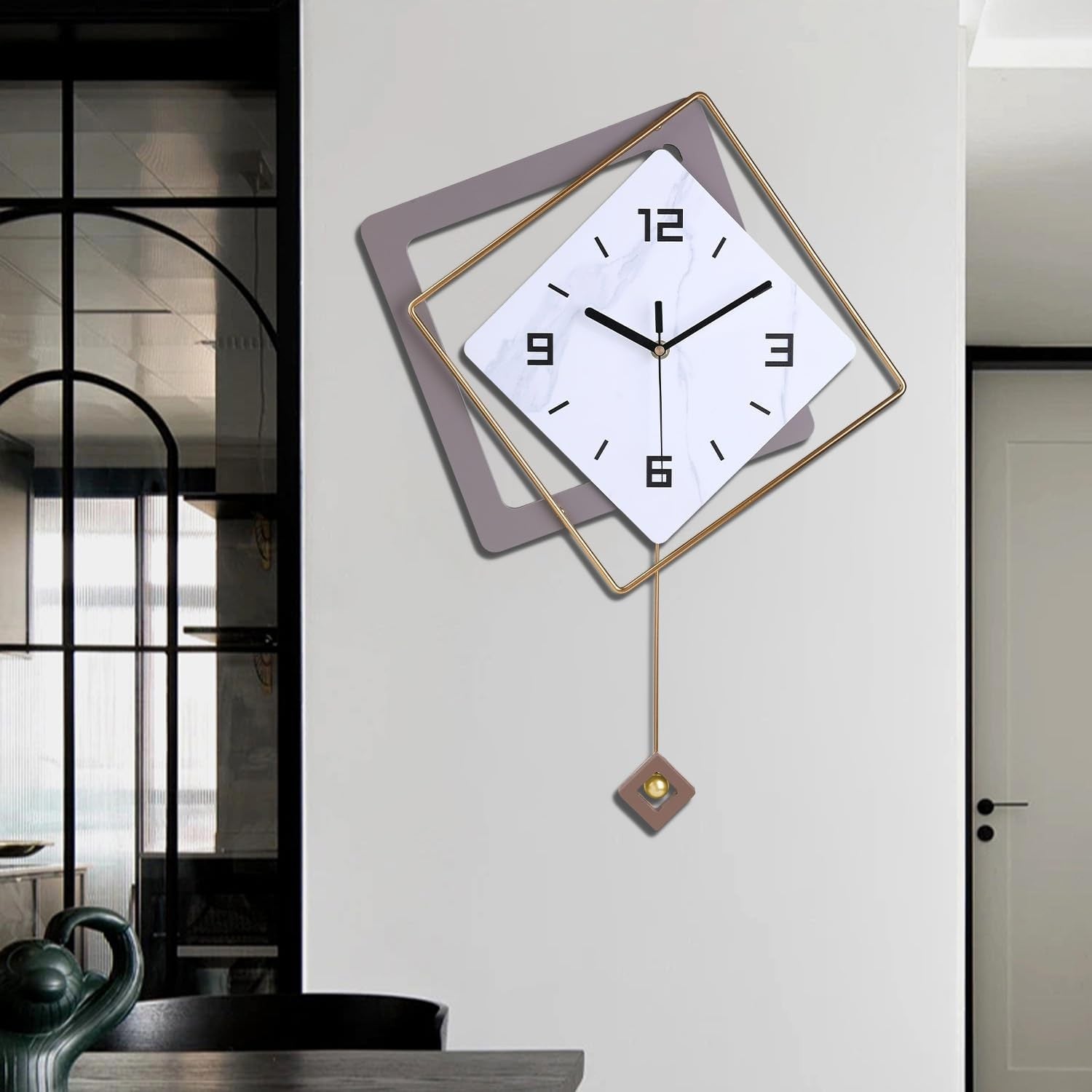 Modern Silent Wall Clock with Pendulum Large Quartz Battery Operated Decor