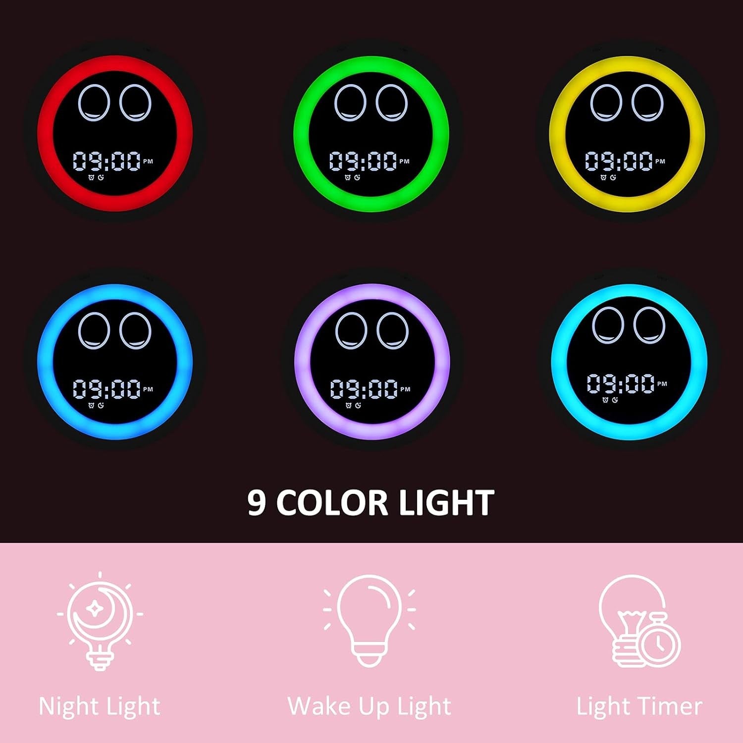 Pink Kids Sleep Training Alarm Clock Night Light Sound Machine Toddler