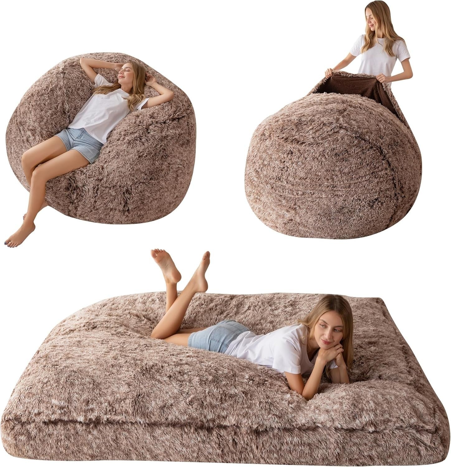 Giant Convertible Bean Bag Bed Chair Double Sofa Fluffy Fold Out Plush