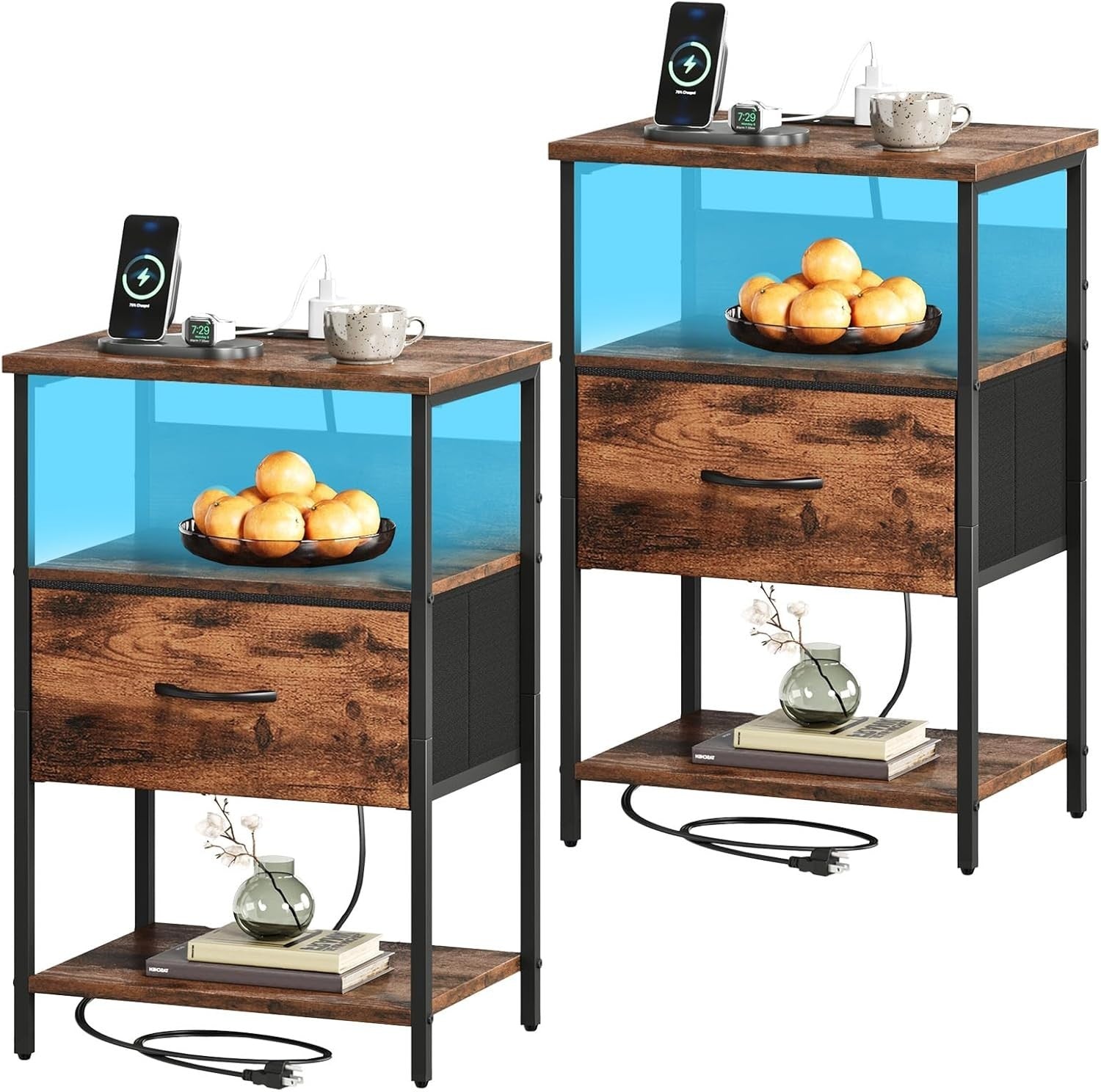 Wood Grain Bedside Table with LED Light – Nightstand with USB Ports