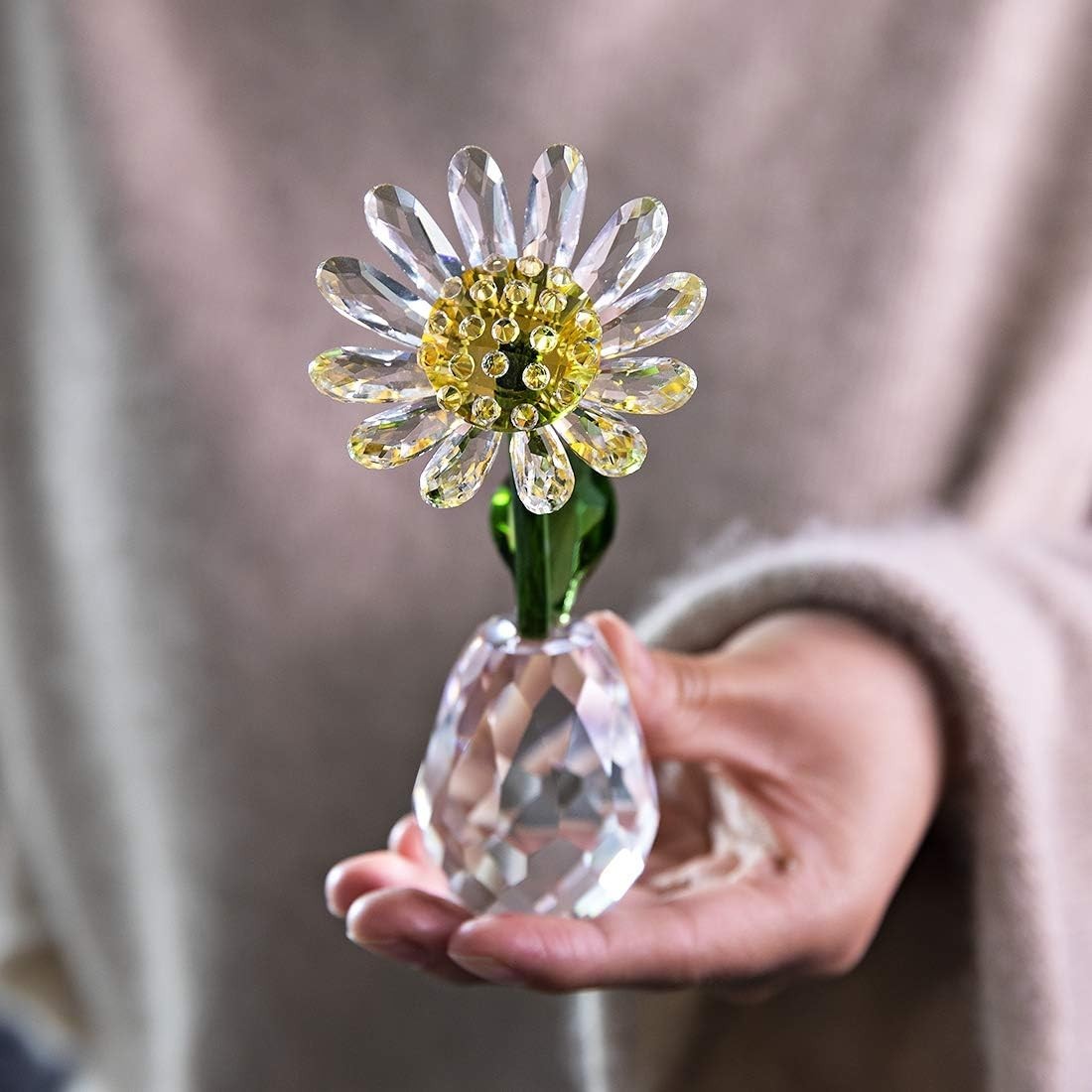Yellow Crystal Daisy Figurine • K9 Glass Flower Ornament • Elegant Home Décor