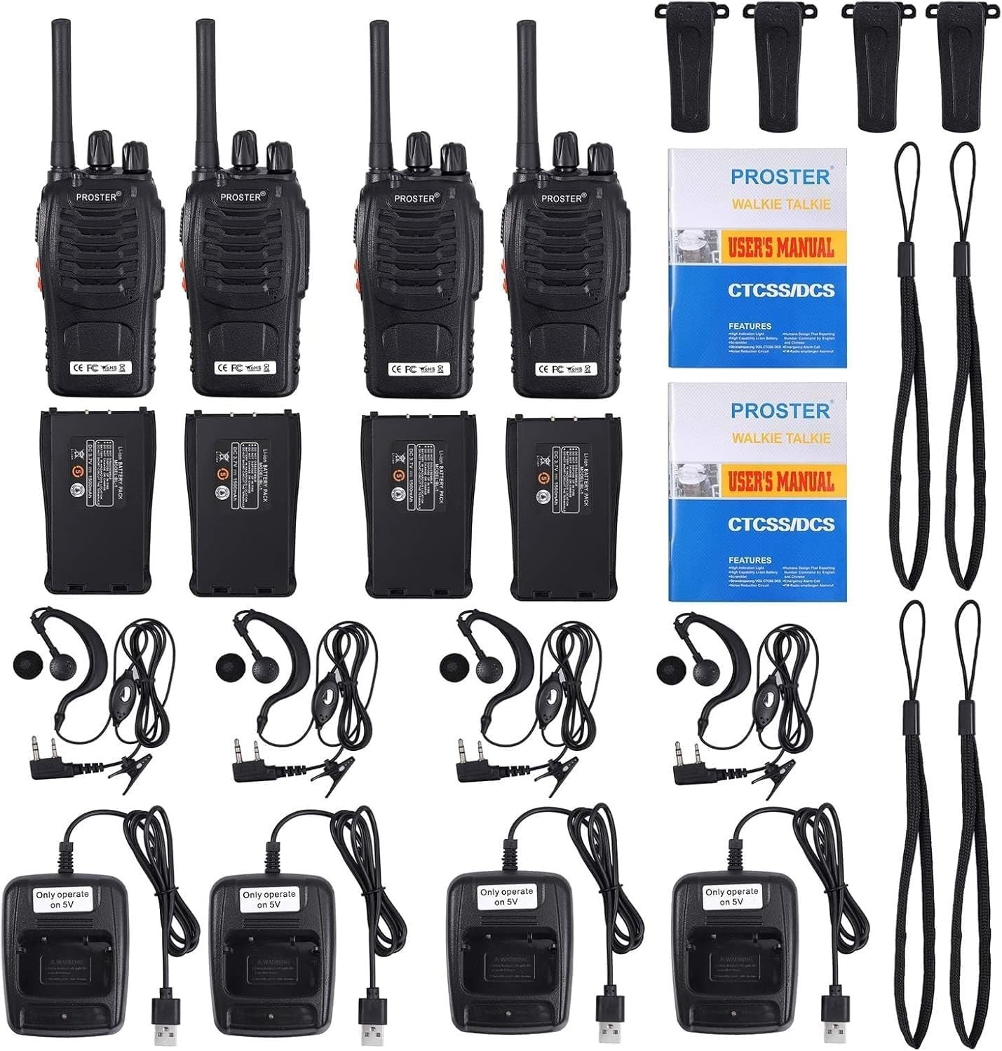Proster Walkie Talkies 4 Pack Long Range Rechargeable VOX 2 Way Radio