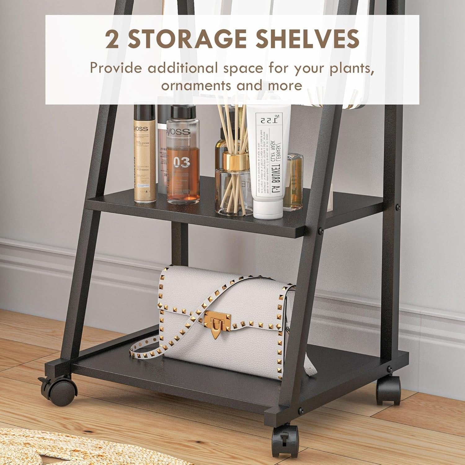 Full Length Adjustable Mirror on Wheels with Storage Shelves, 155cm