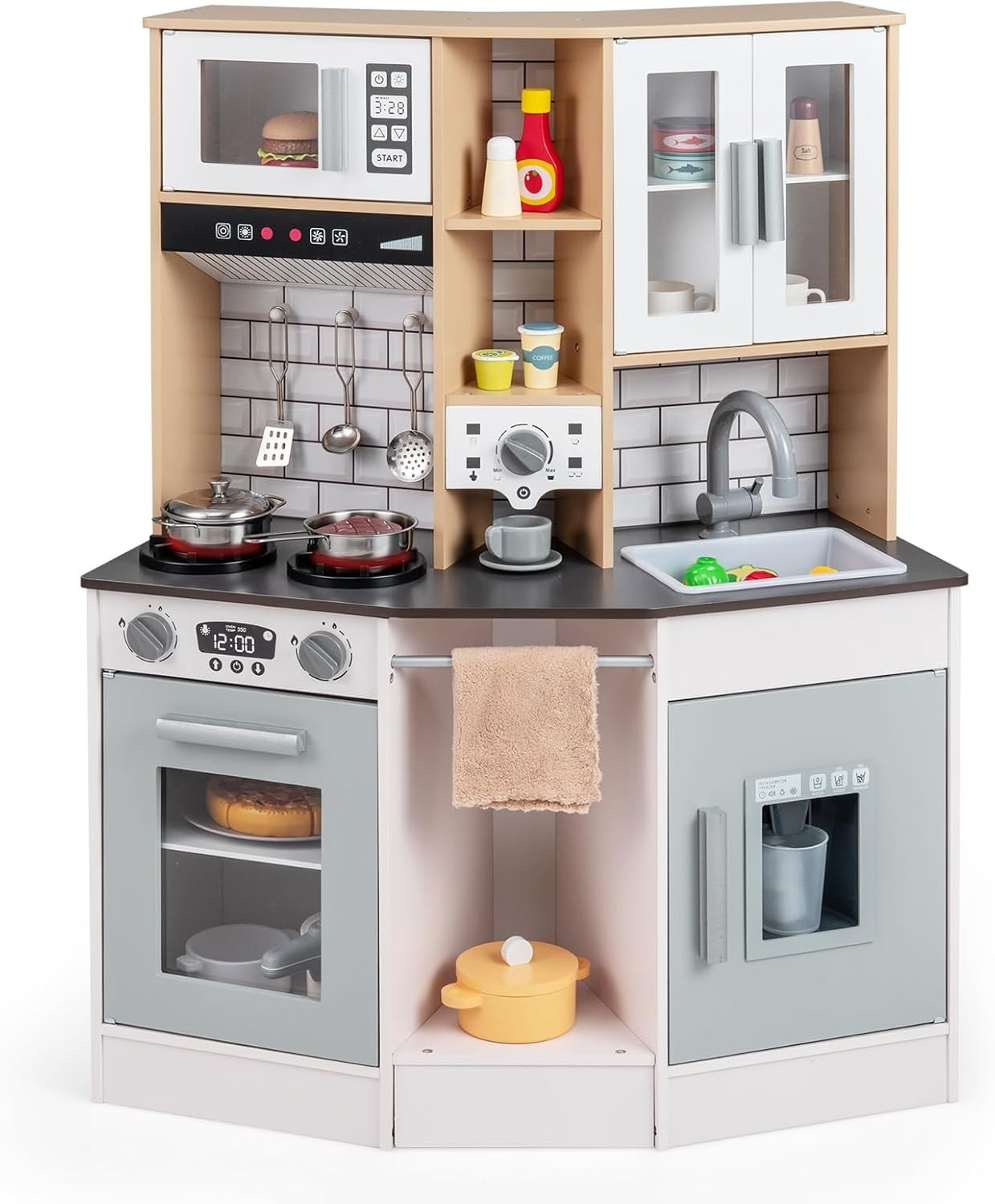 Wooden Kids Play Kitchen Lights Sounds Coffee Maker Grey Toy