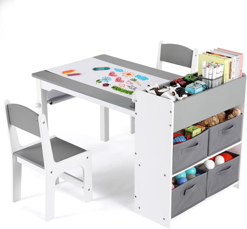 Kids Table and Chairs Set Wooden 2in1 Art Craft Desk w/ Storage & Paper Roll