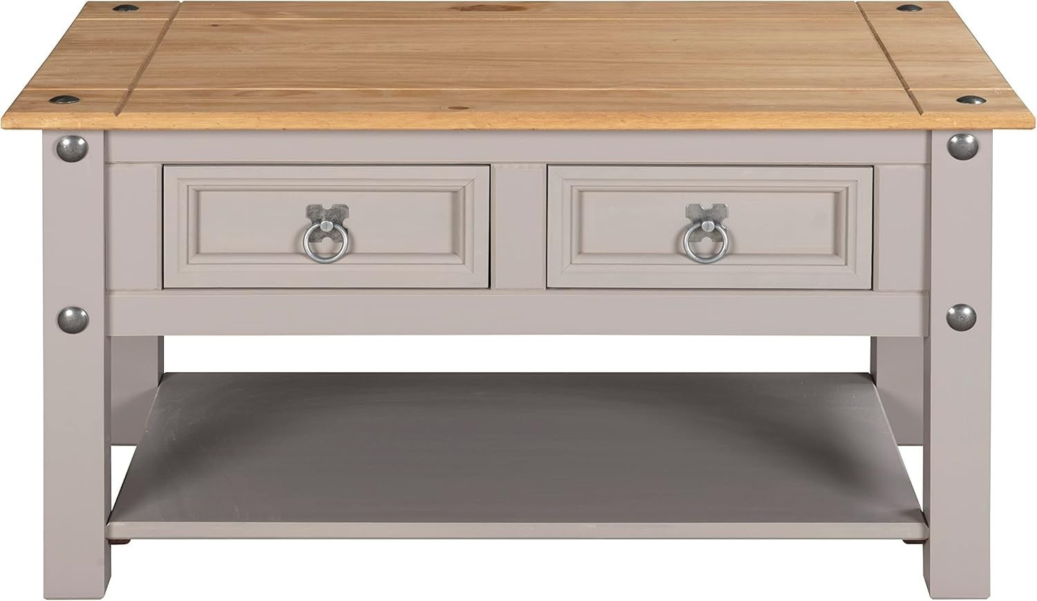 Grey 2-Drawer Coffee Table, Solid Pine Mexican Style 85x50cm
