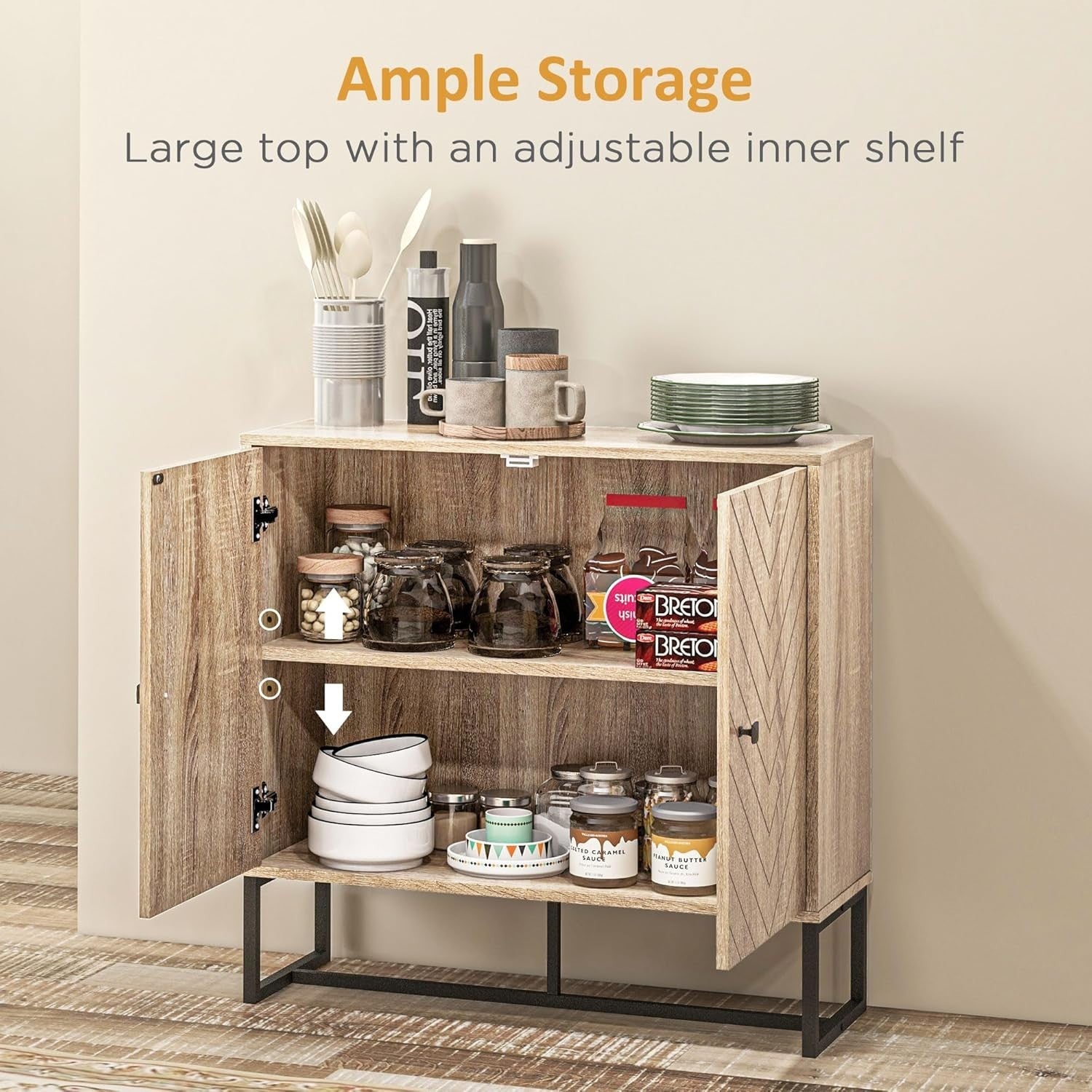 Modern Storage Cabinet with Adjustable Shelf Metal Base 2 Door Sideboard