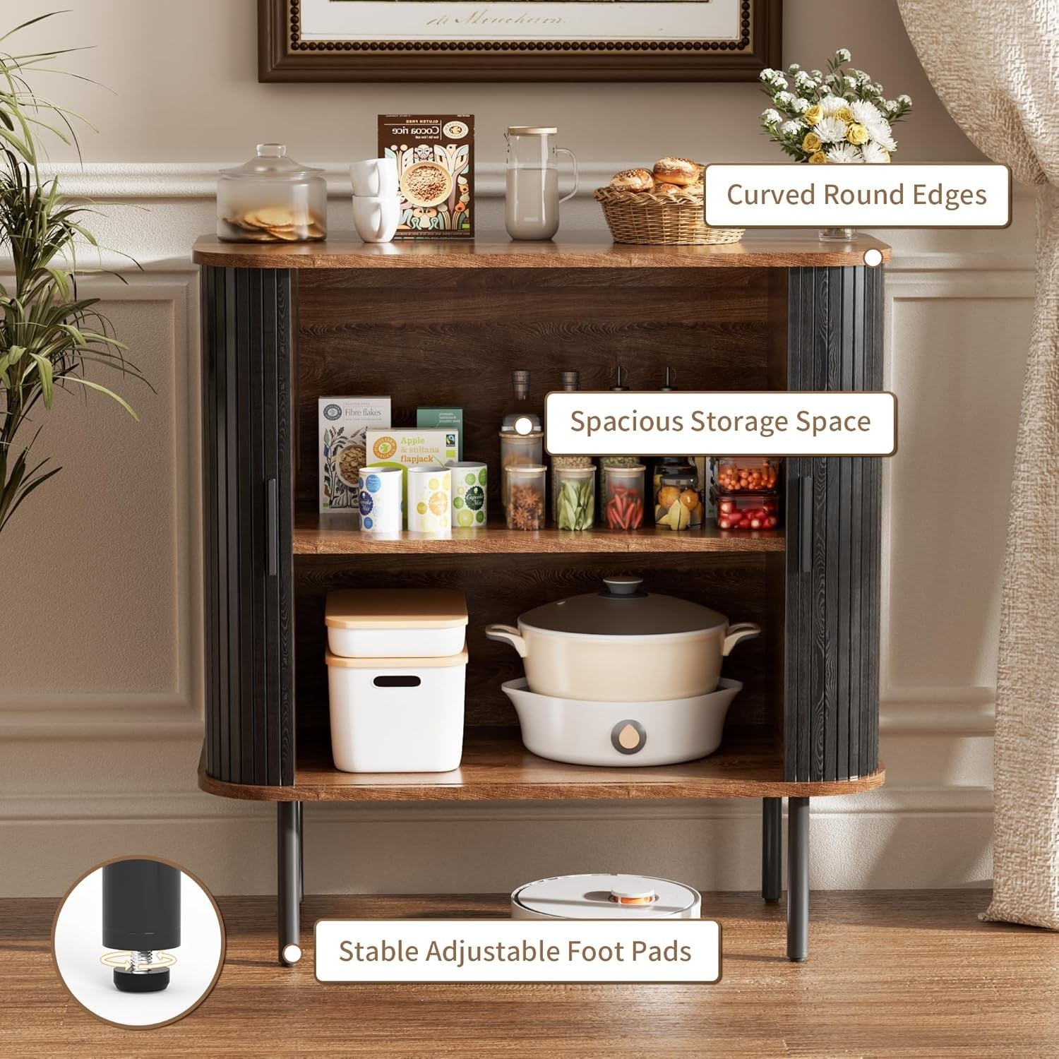 Modern Black Sideboard Buffet Cabinet Cupboard with Sliding Tambour Doors