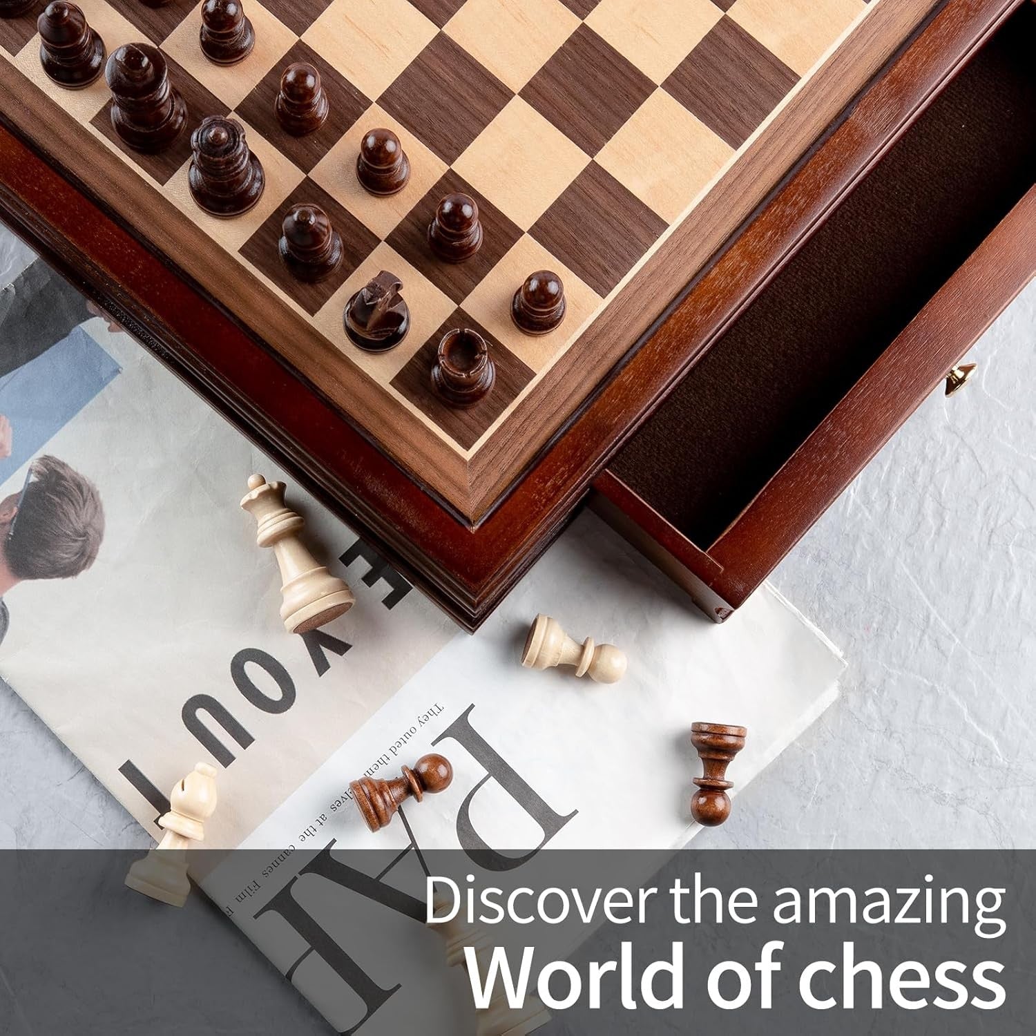 12.8" Magnetic Wooden Chess Set with Storage Drawers Luxury Board Game