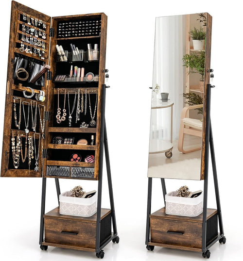 Rolling Jewelry Armoire with Mirror Lockable Storage Drawer Wheels