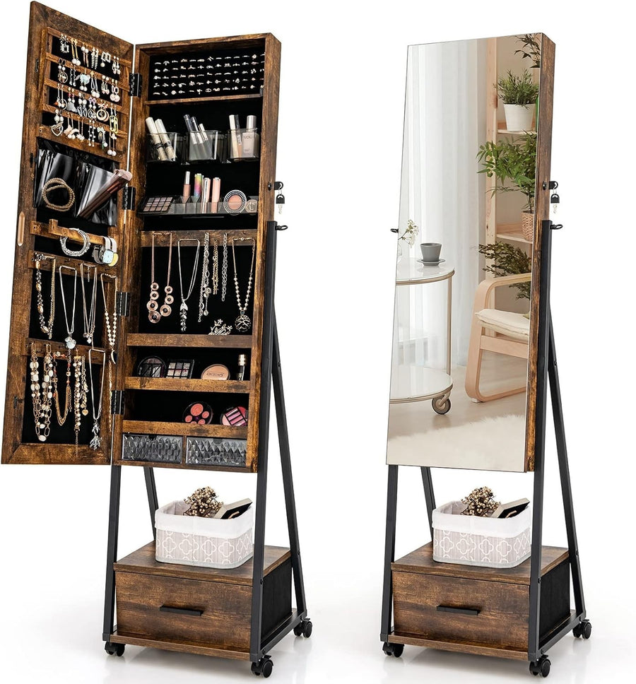 Rolling Jewelry Armoire with Mirror Lockable Storage Drawer Wheels