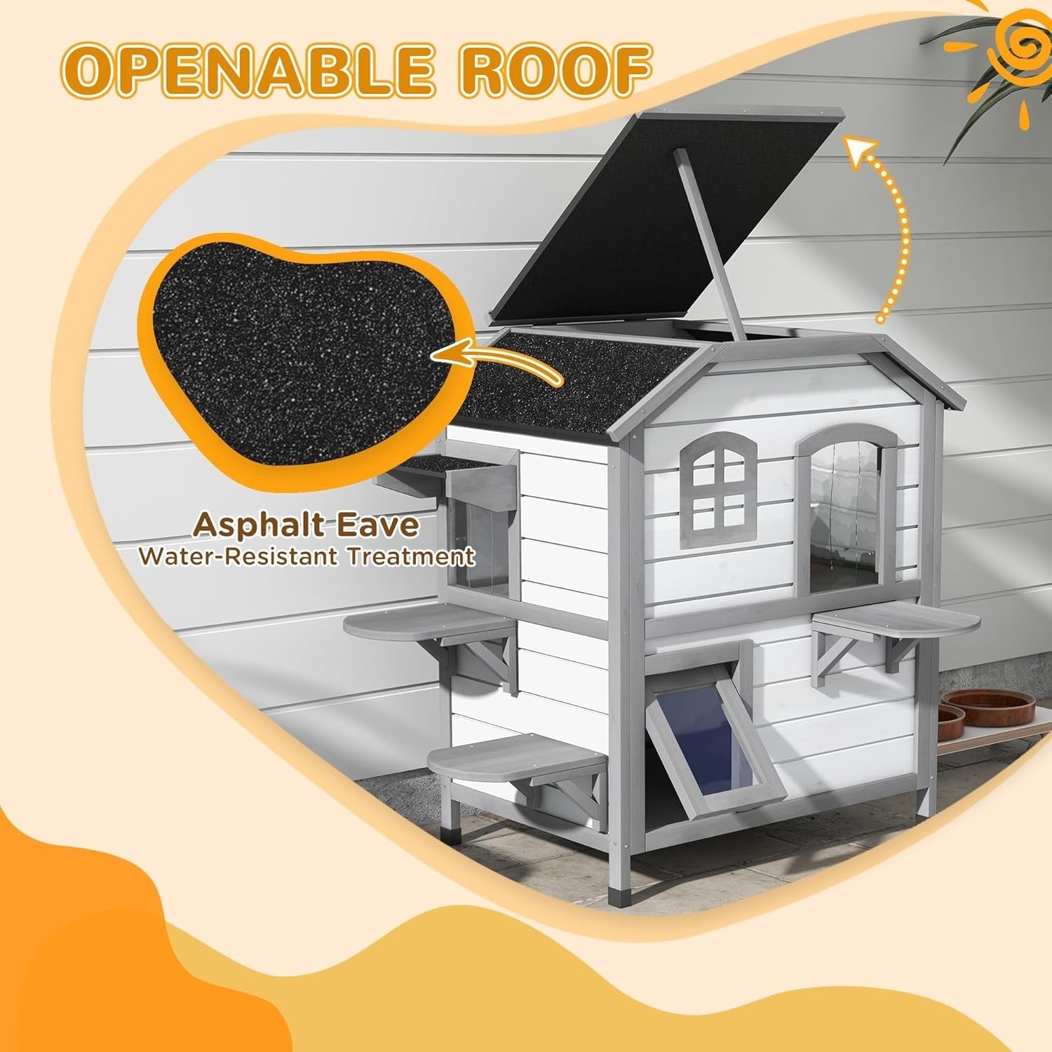 Weatherproof 2-Story Outdoor Wooden Cat House with Escape Door 91x78x55.5cm
