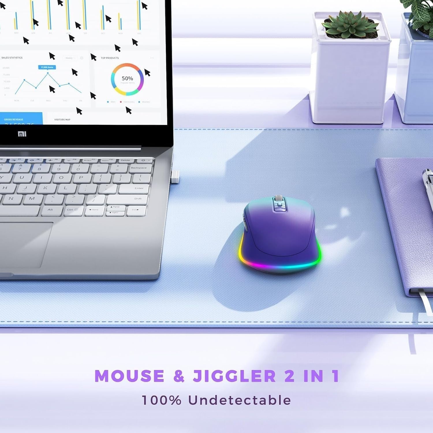 RGB Wireless Mouse Rechargeable Silent USB Jiggler Green Purple