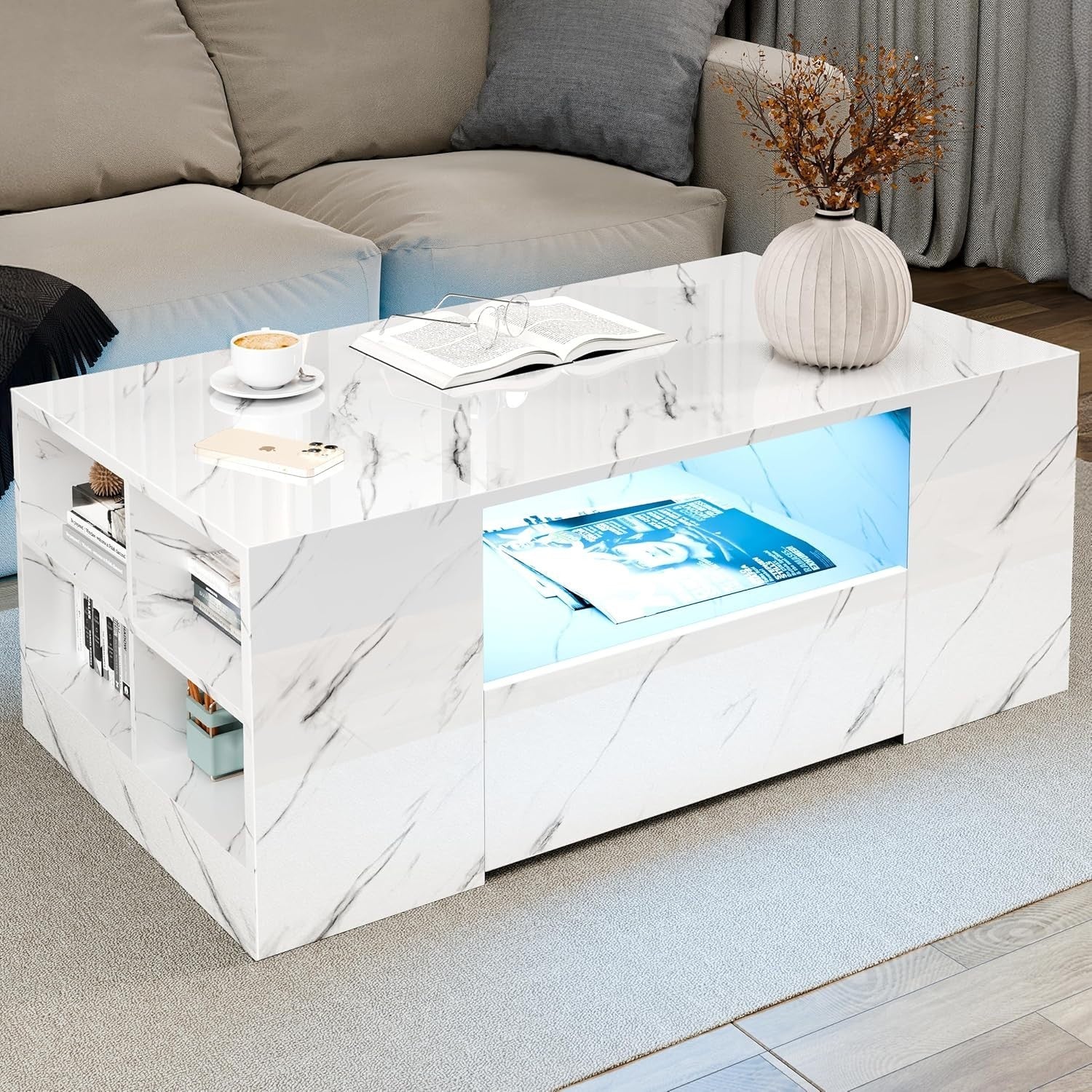 Blisswood LED Coffee Table with 2 Drawers, Open Shelf & High Gloss White Marble