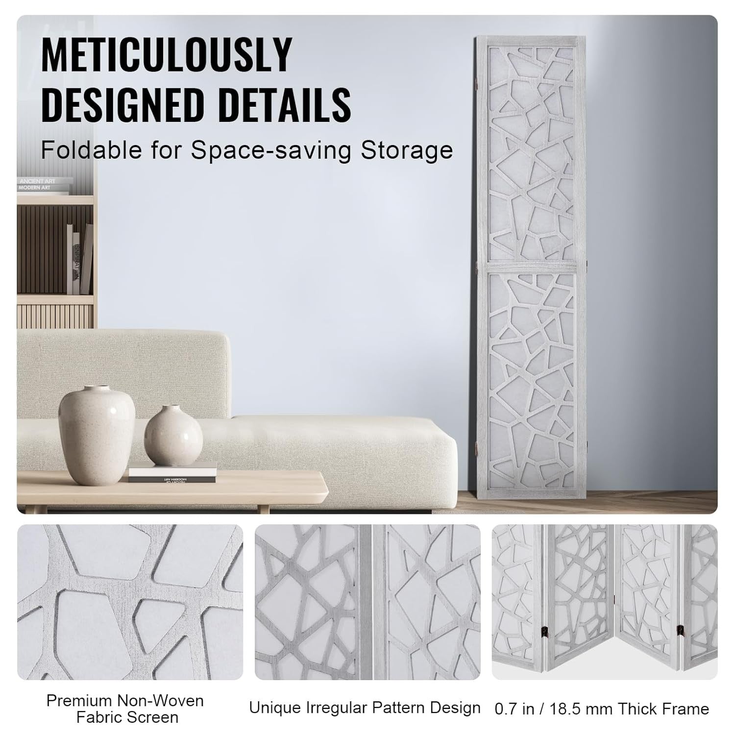 4 Panel White Carved Wood Folding Room Divider Privacy Screen 162x170cm