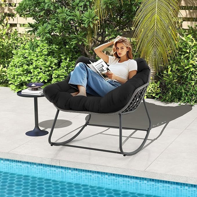 Outdoor Rattan Rocking Chair with Thick Cushion – Patio Egg Lounge Seat
