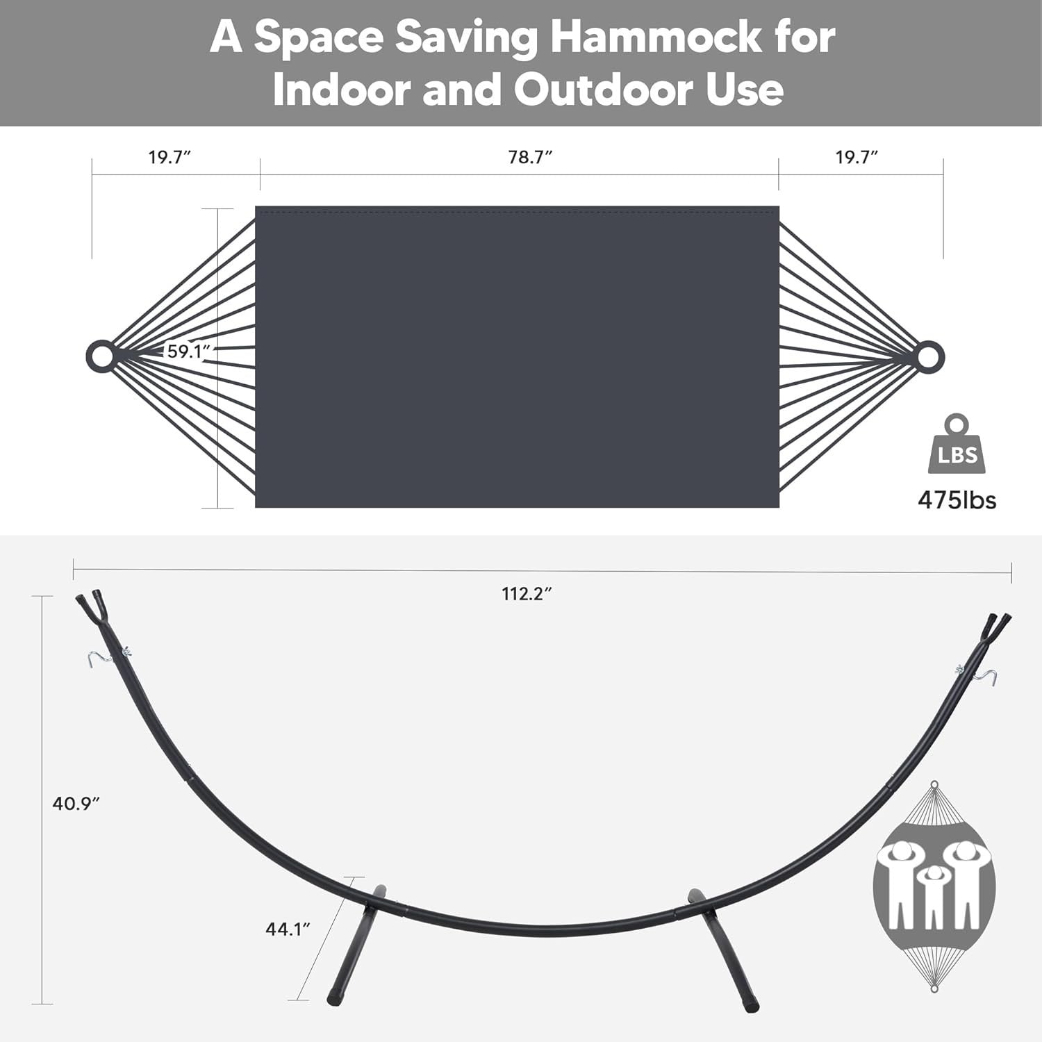 Dark Gray Hammock with Stand | 2-3 Person 475lb Capacity | Portable Outdoor Bed