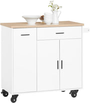 Kitchen Island on Wheels Storage Cabinet with Drawers Towel Rail Wood Top