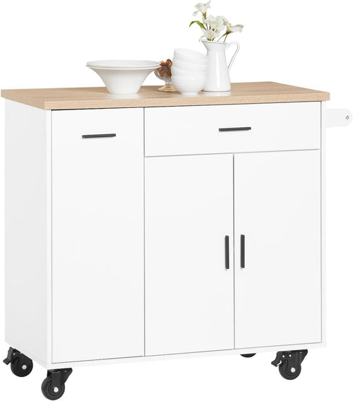 Kitchen Island on Wheels Storage Cabinet with Drawers Towel Rail Wood Top