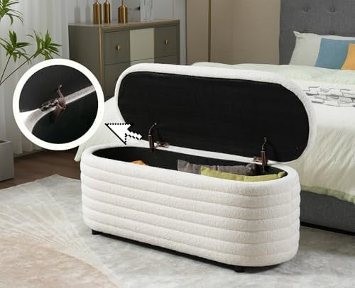 White Faux Fur Upholstered Ottoman Storage Bench Wooden Frame Seat 115x43x46cm