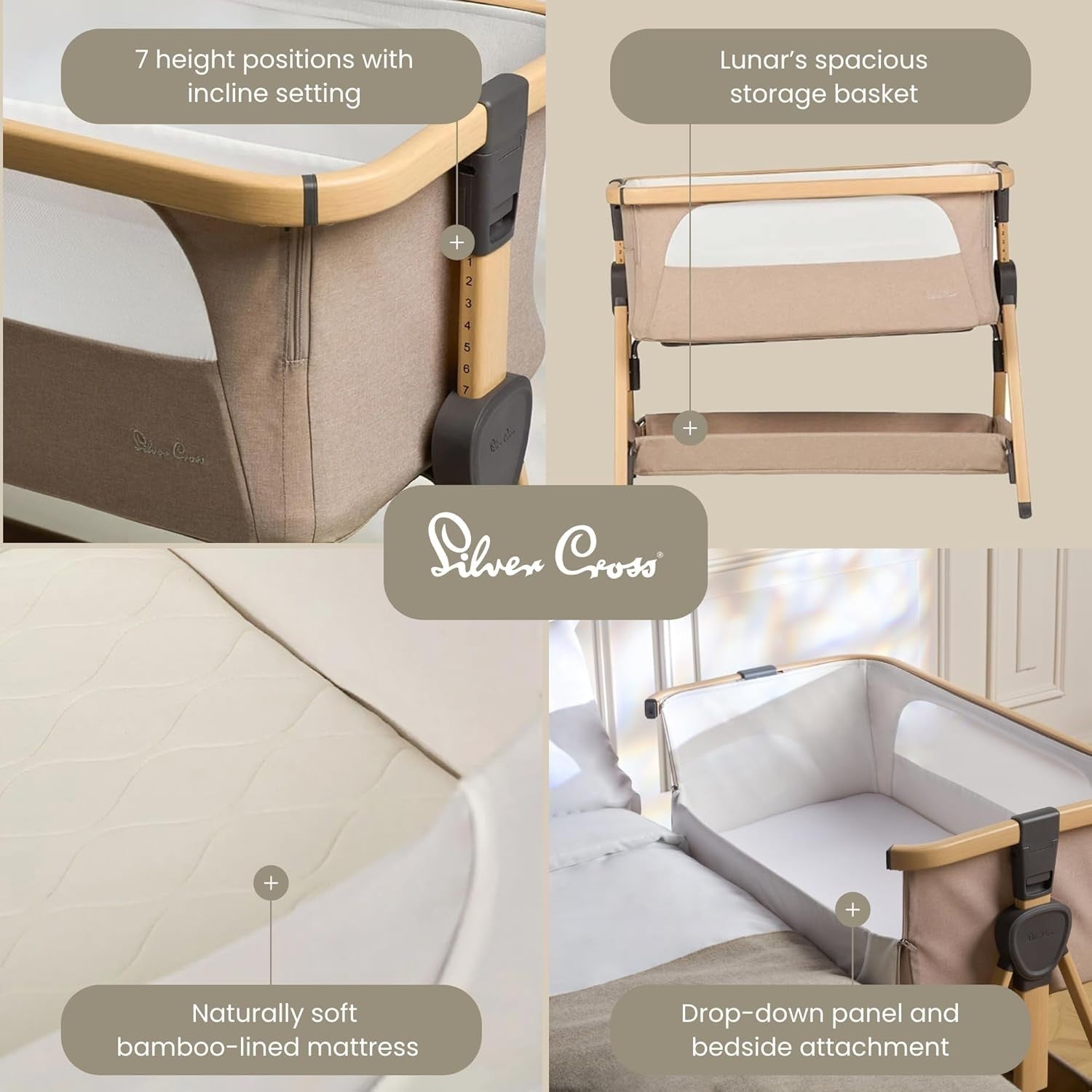 Bedside Baby Crib with Mattress 7 Height Adjustable Travel Cot Storage Beige