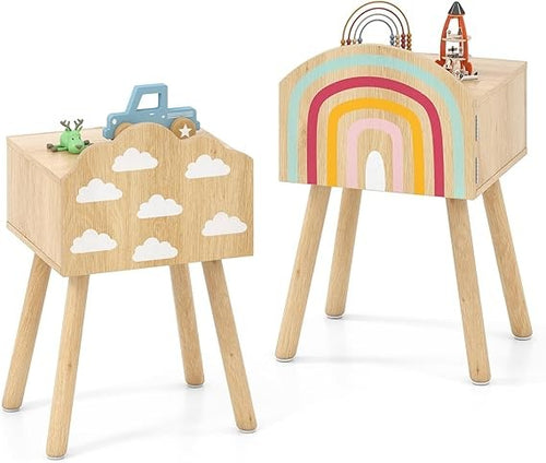 Kids Bedside Tables Set of 2 – Solid Wood Legs, Cute Door Cabinet Storage Units