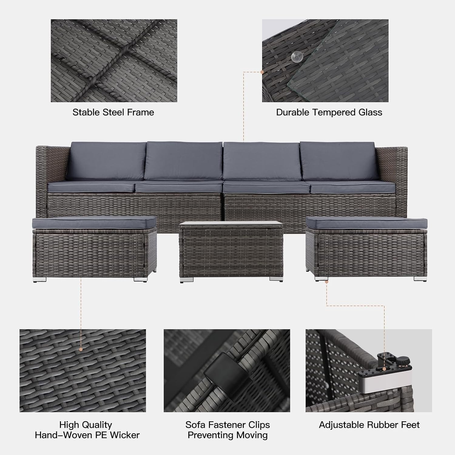 6 Seater Rattan Garden Sofa Set | Modular Patio Lounge with Cushions & Table