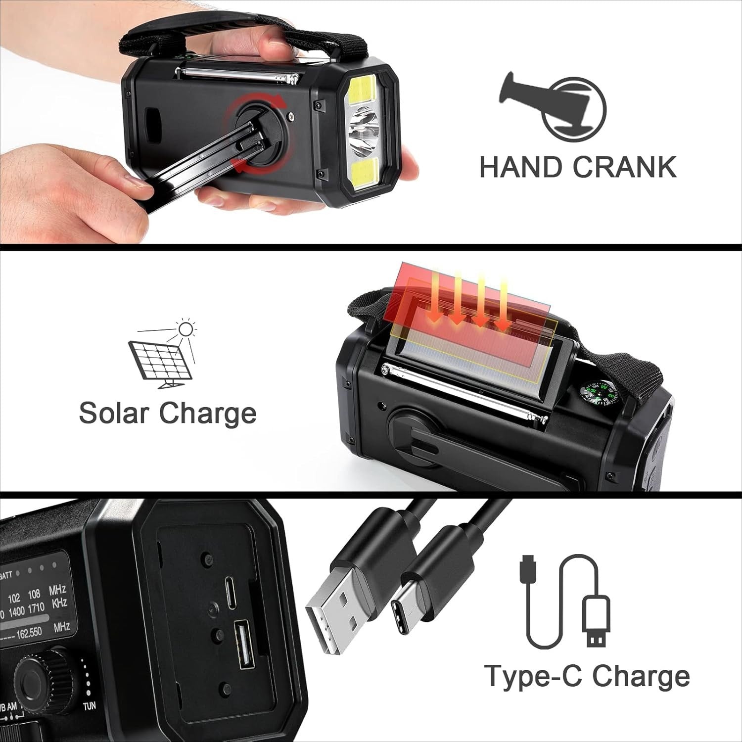 10000mAh Emergency Weather Radio Solar Crank Power Bank Flashlight
