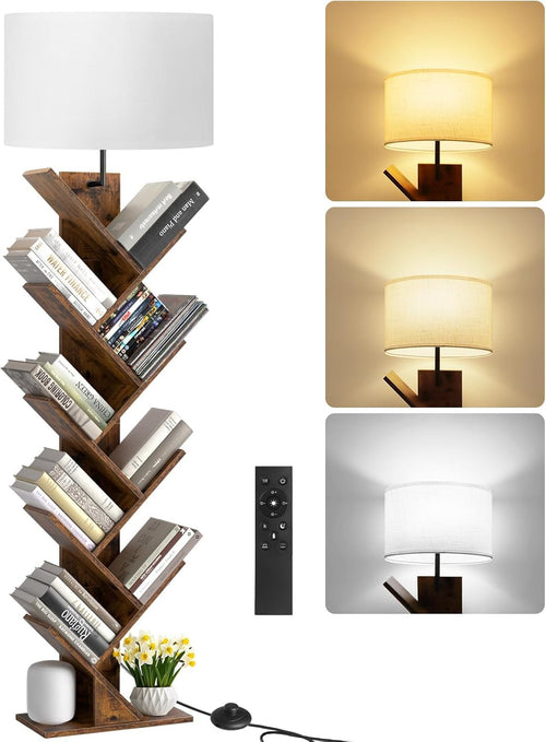 Tree Bookshelf Floor Lamp 9 Tier Wooden Bookcase Light Remote Dimmable