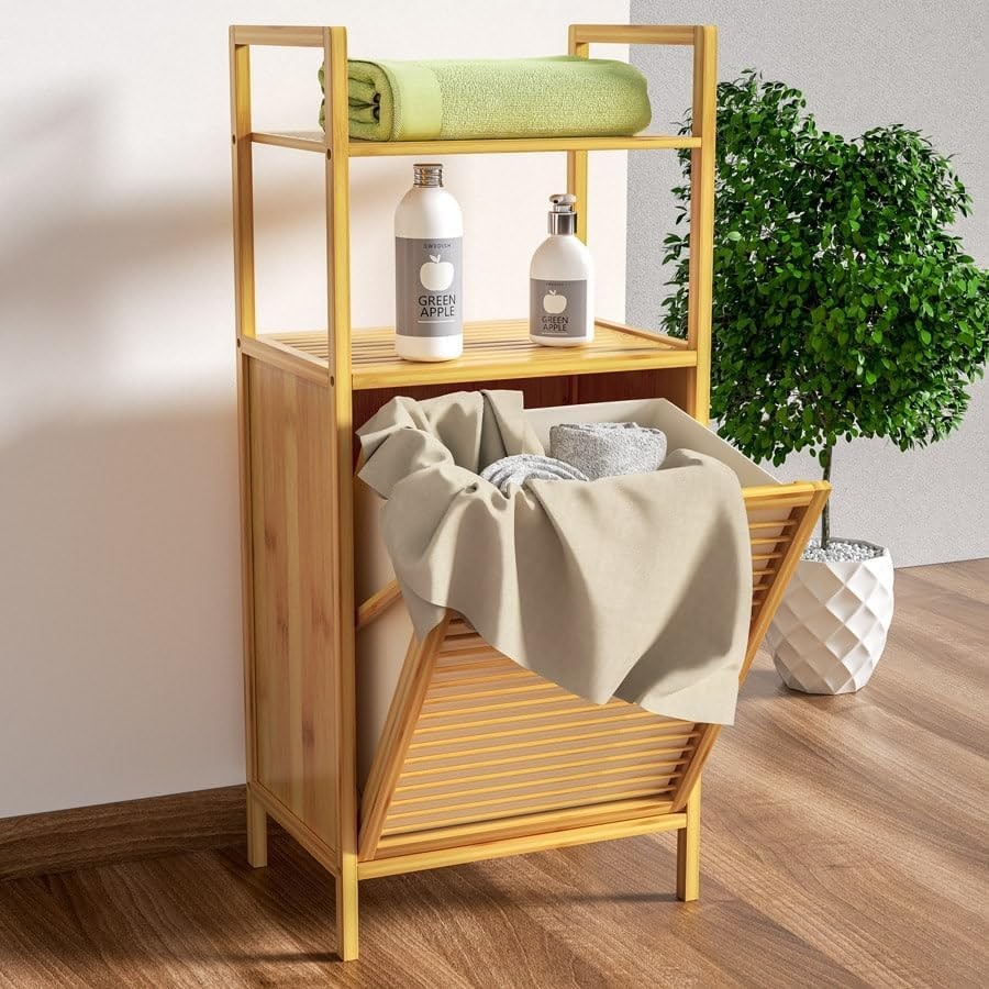 Laundry Basket Cabinet Bamboo Storage Shelf Bathroom Organiser 2 Shelves