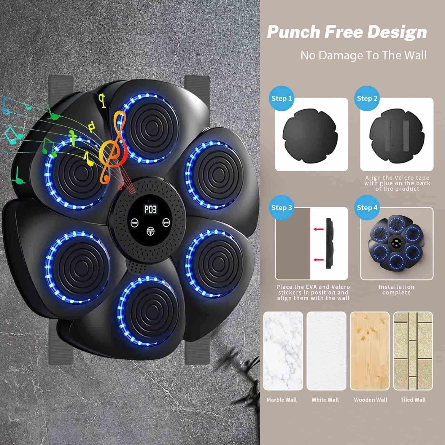 Music Boxing Machine Bluetooth LED Wall Mount Punch Trainer for Home Fitness