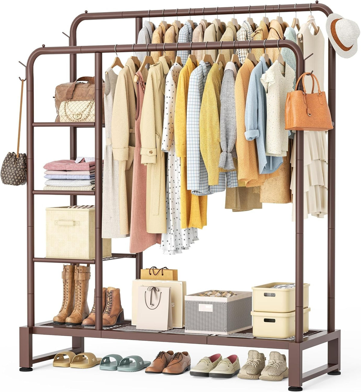 Heavy Duty Double Clothes Rail with Shelves & Hooks 80KG – Brown