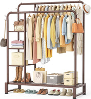 Heavy Duty Double Clothes Rail with Shelves & Hooks 80KG – Brown