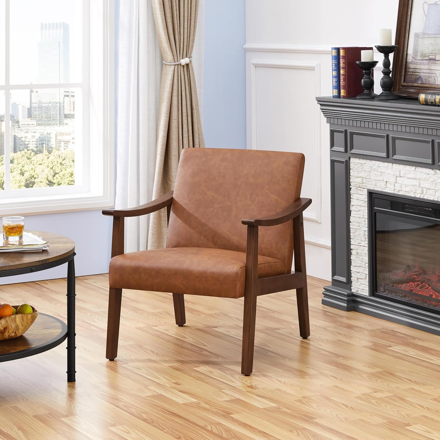 Leather Accent Armchair Lounge Chair Wooden Legs Modern Brown Seat
