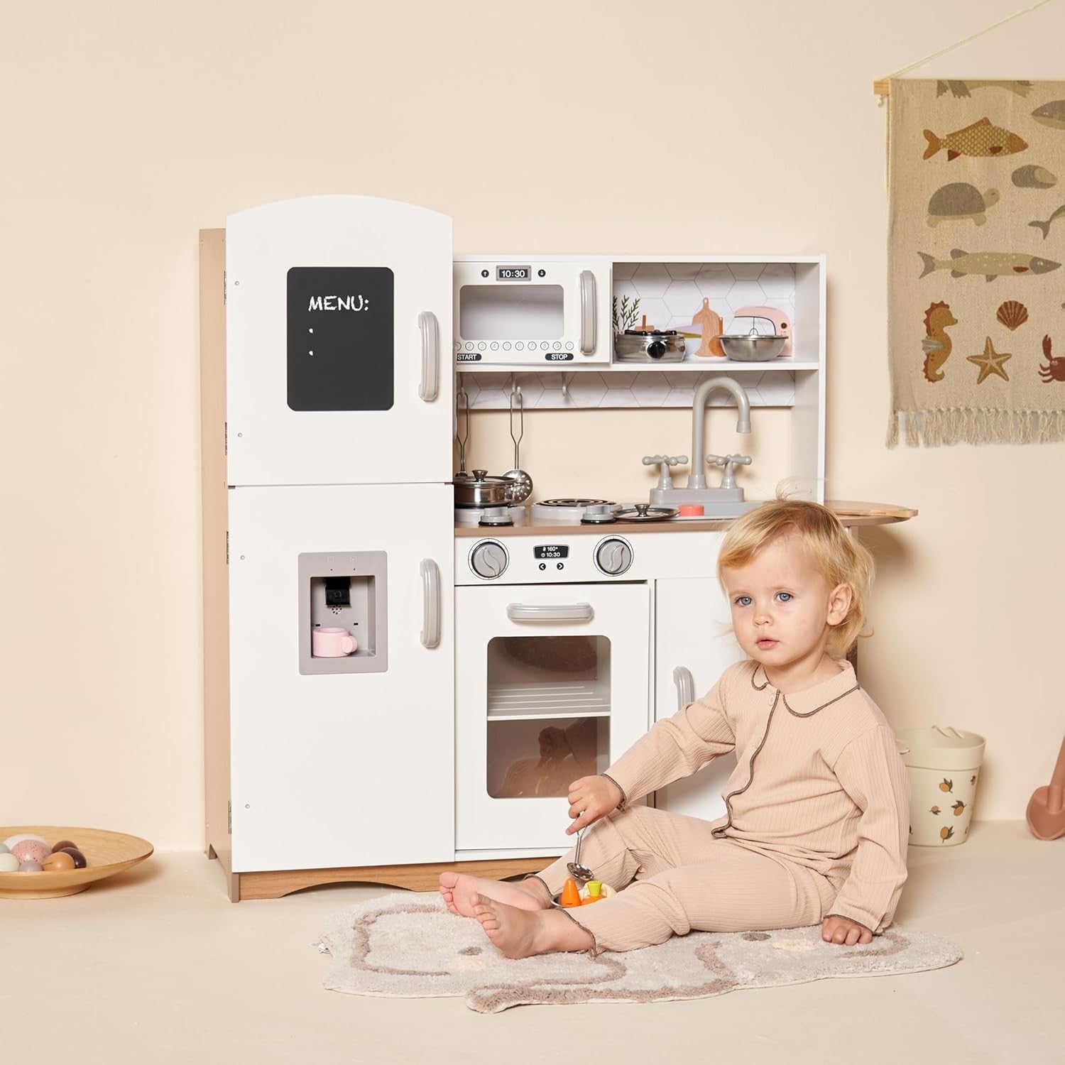 Large Wooden Kids Play Kitchen Lights Sounds Pretend Cooking Set White
