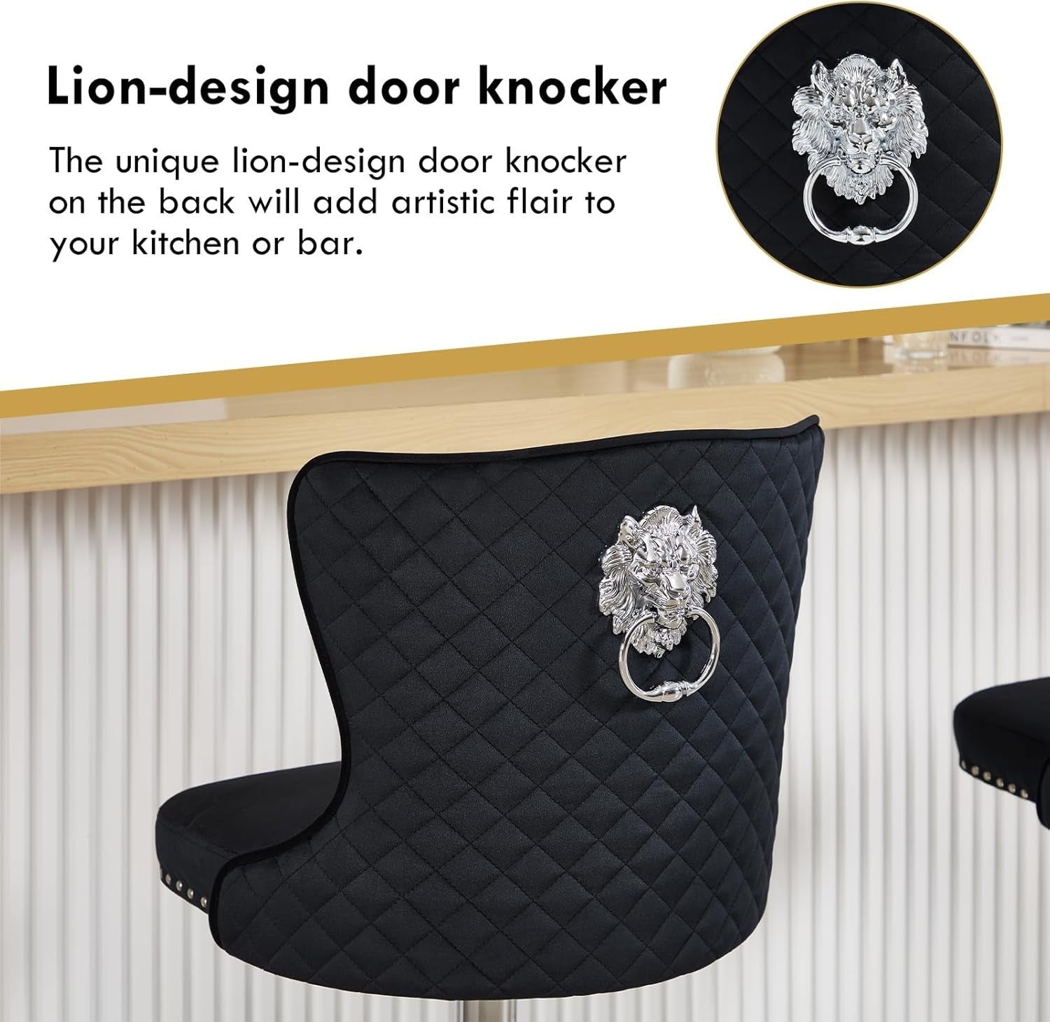 2 Black Velvet Lion Knocker Bar Stools Adjustable 360° Swivel Kitchen Chairs