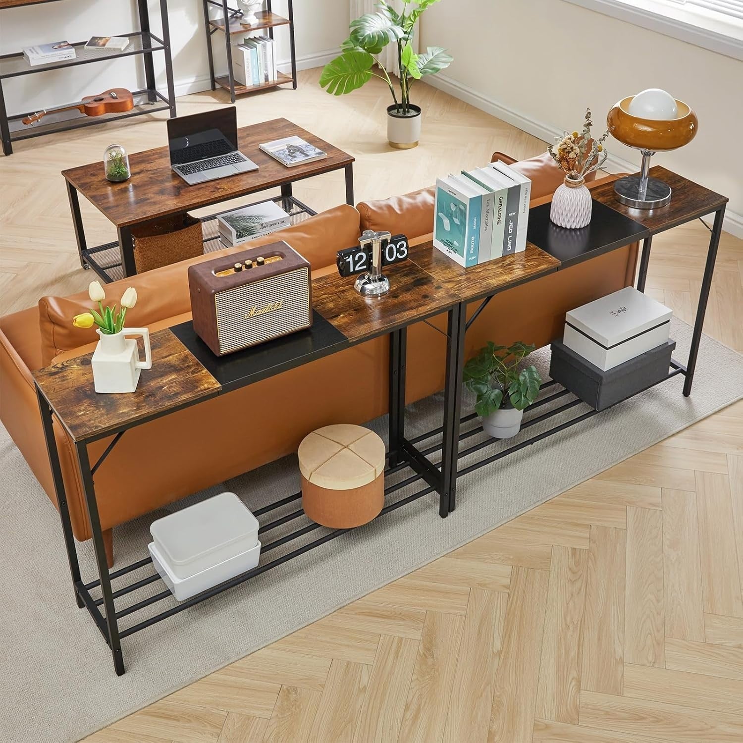 Industrial Narrow Console Table 107cm Sturdy Metal Frame Storage Shelf
