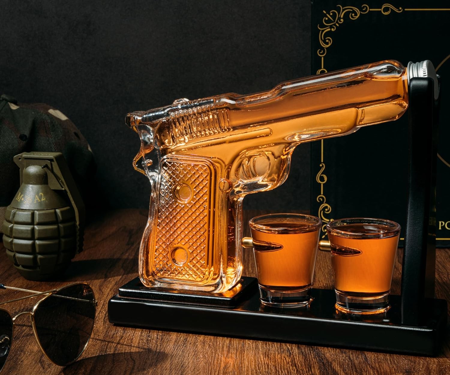 Pistol Gun Whiskey Decanter Set Glass Bottle with Bullet Shot Glasses