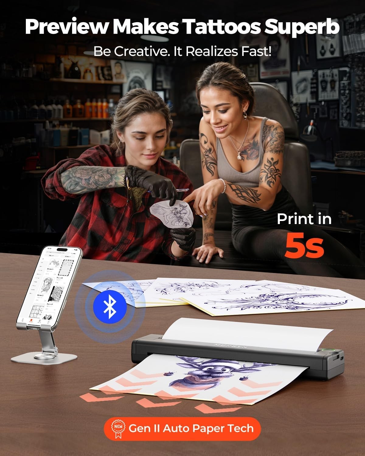 Wireless Thermal Tattoo Stencil Printer Kit with 20 Transfer Sheets