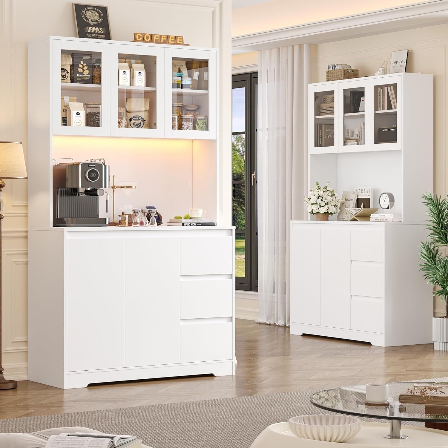 White Tall Kitchen Cupboard with LED, Sockets, Drawers & Shelves