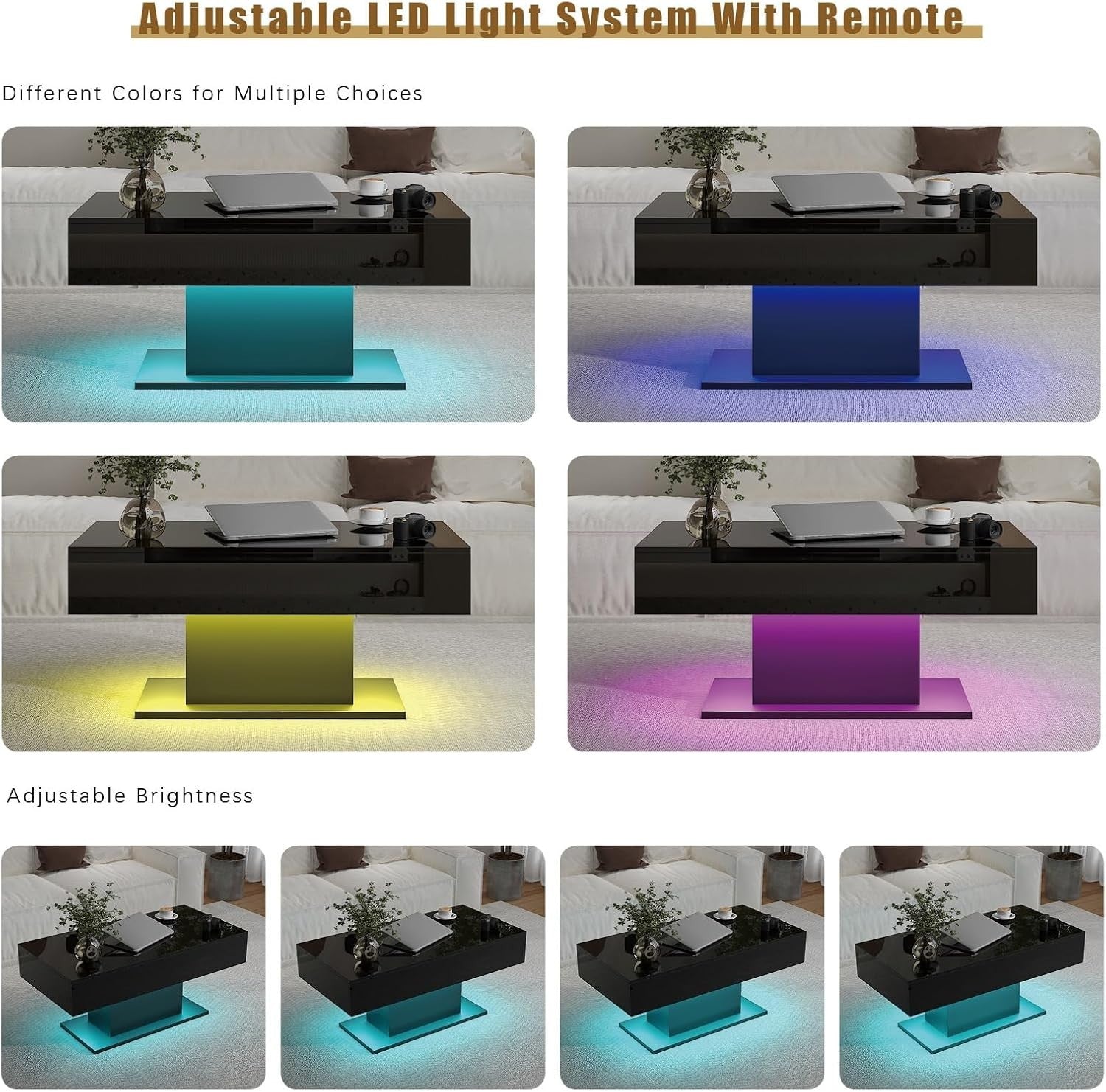Modern LED Coffee Table with 2 Drawers, High Gloss Black 110x55cm